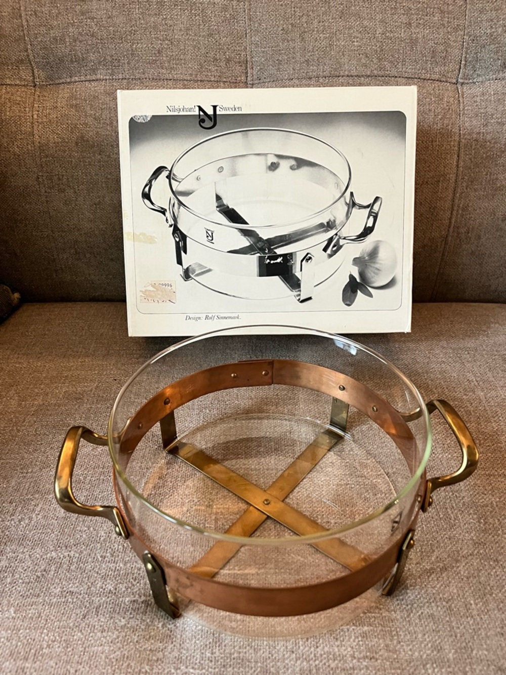 Nilsjohan Sweden Traktör 2 liter Serving Bowl Glass & Copper Vintage 1980s